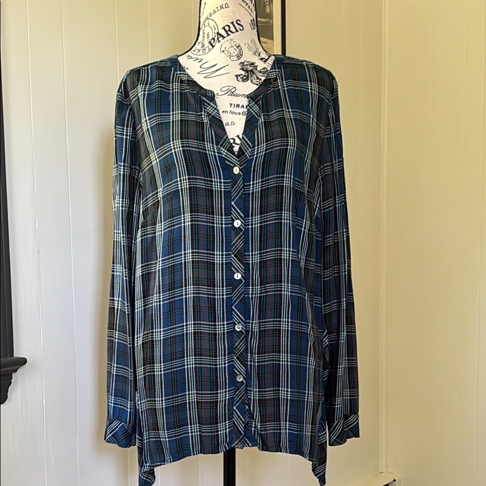 J. Jill Plaid Button Down Tunic Top M